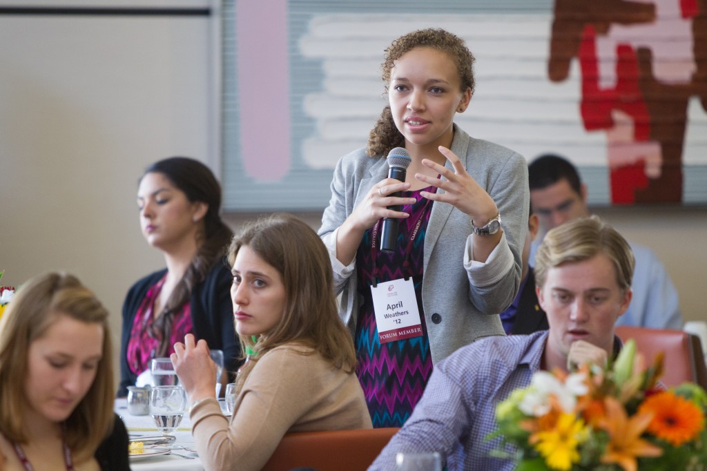 All P.O.V.s Welcome: April Weathers '12 shares her perspective on her alma mater during a Forum for the Future alumni event.