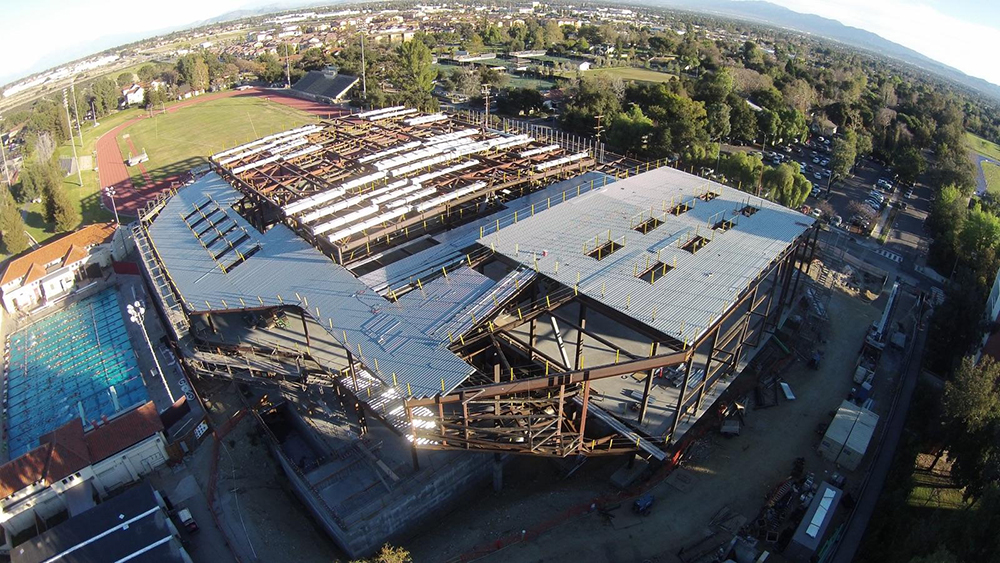 Drone view of Roberts Pavilion construction, Spring 2015 (Photo courtesy of Bryce Raygour, son of CMS Women's Soccer Coach Keri Sanchez)
