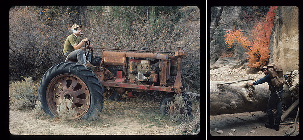 Langdon Elsbree, on a 1930s vintage Farmall tractor, during a 16-mile hike of the Virgin River Narrows in Zion Park, Utah, in October 1970; "The hike was glorious, the leaves and canyon walls spectacular, the weather perfect, and Langdon an affable c