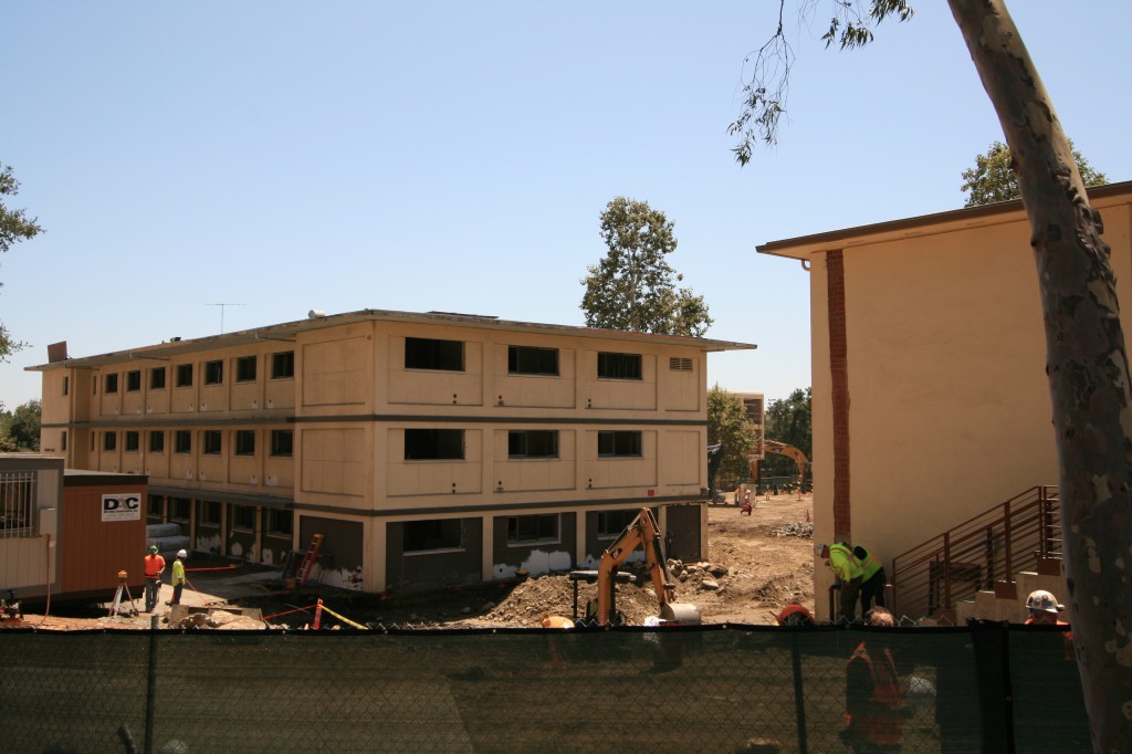 Benson (left) and Berger Halls under renovation on Claremont McKenna's campus.