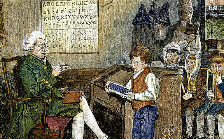 Colonial scene: A schoolmaster and his pupils in the early days of the American republic.