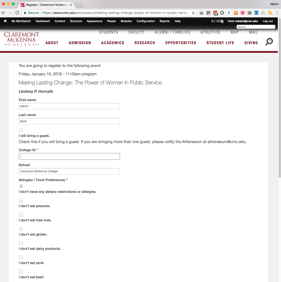 Event registration sample screen