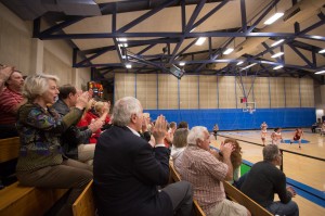 President Gann at the CMS women's basketball team's Feb. 14 game at Pomona-Pitzer.