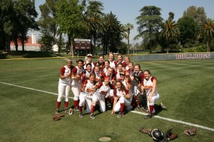 The CMS softball team celebrating the SCIAC Tournament title