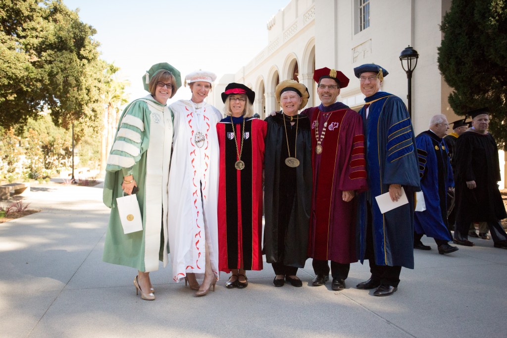 Members of the Club: The presidents of the Claremont Colleges (from left) -- Lori Bettison-Varga (Scripps), Laura Skandera-Trombley (Pitzer), Deborah Freund (CGU), Maria Klawe (HMC), Chodosh, and David Oxtoby (Pomona).