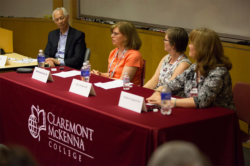 Pioneers remember: Former CMC dean and now development officer Torrey Sun (far left) with Beth (Pagel) Serebransky '80. Sheri Strelov '80, and Kathleen Fitzpatrick '80 during this year's Alumni Weekend