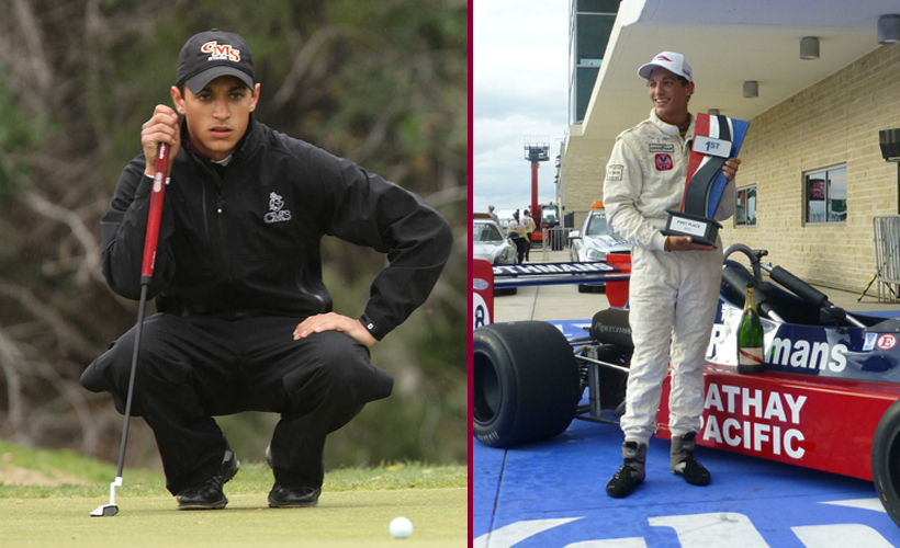 CMC and CMS men's golfer Tim de Silva lining up a putt on half of the picture. The other half of the picture he is holding a trophy on the podium after winning a race.