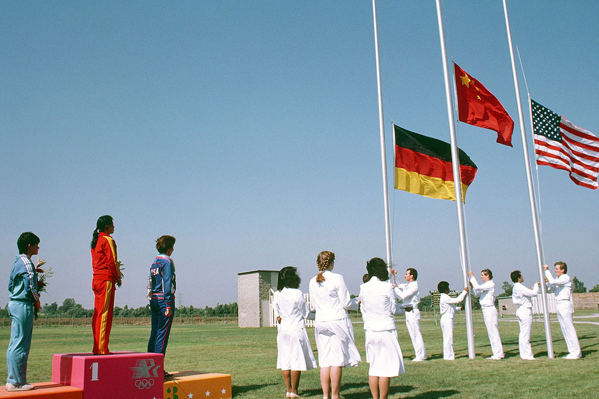 Medal ceremony for the women's 50 meter rifle at the 1984 Olympics