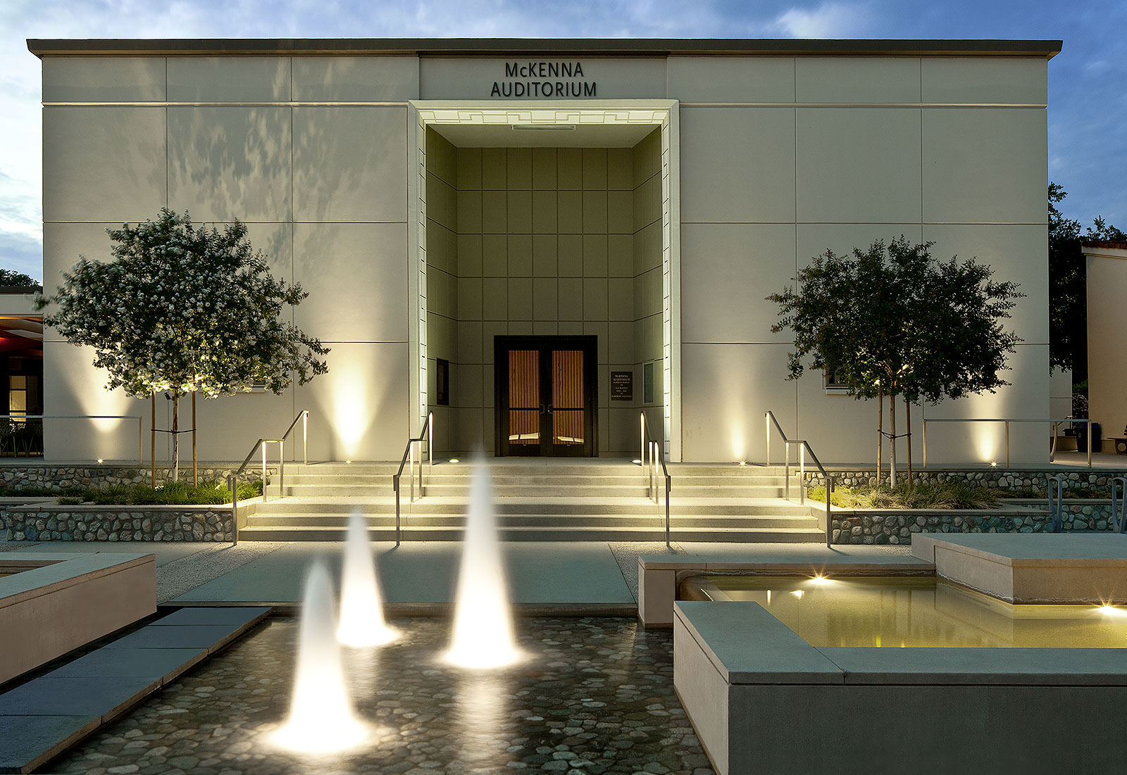 McKenna Auditorium view from the front at dusk.