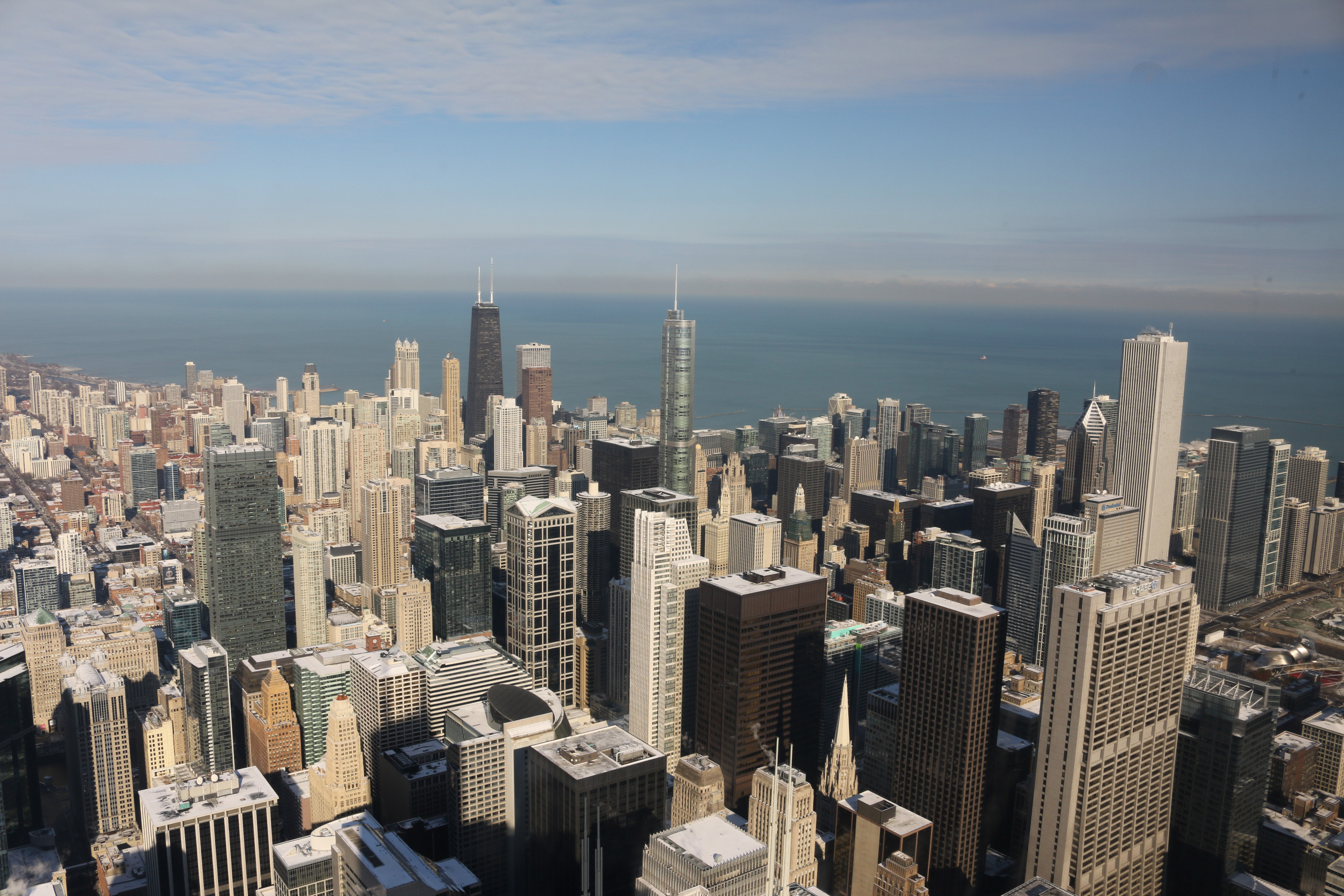 An aerial view of the Chicago skyline.