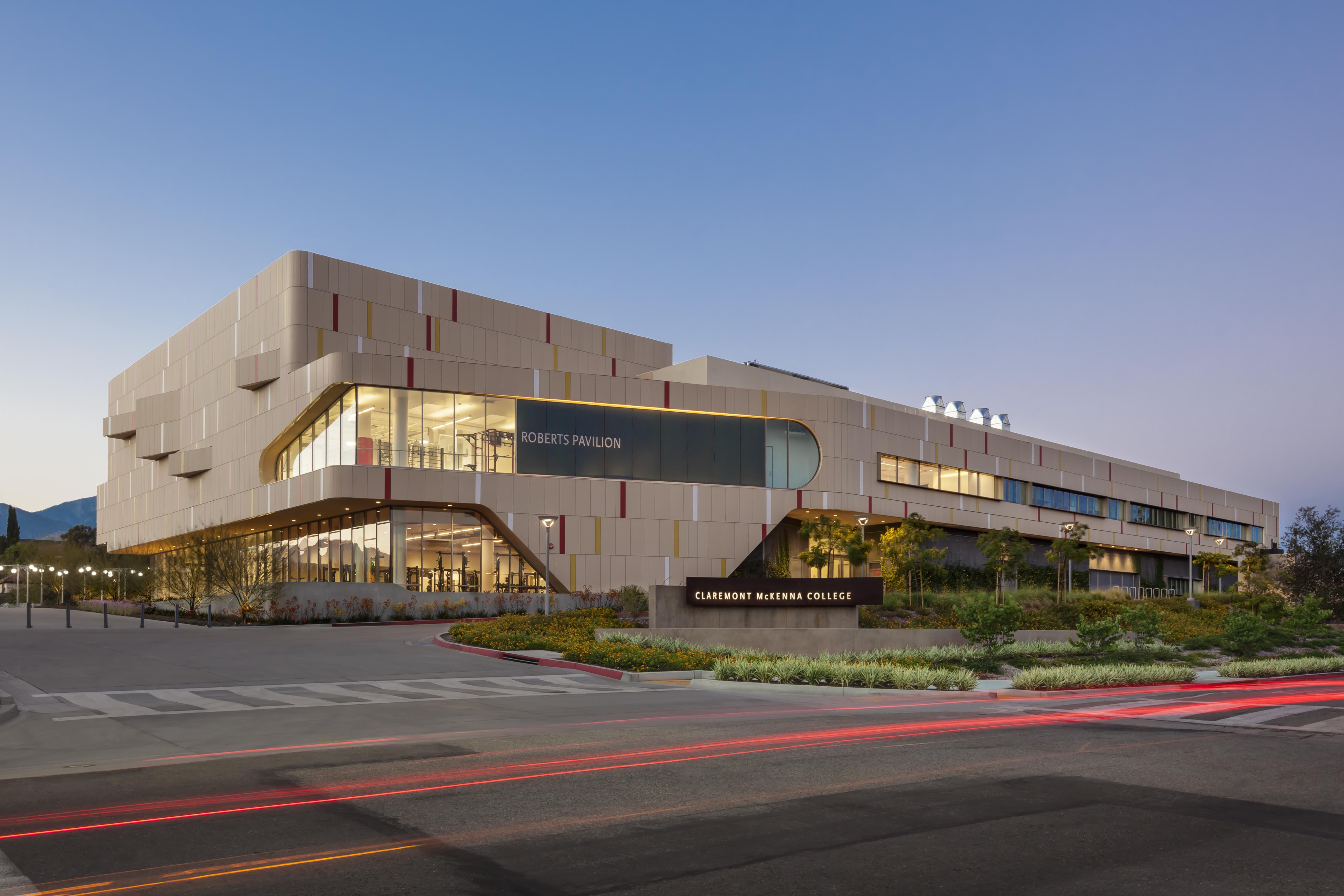 View of Roberts Pavilion from Sixth Street and Mills Ave. at dusk.