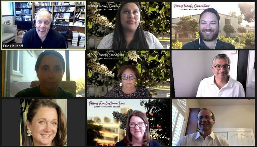 A 3x3 Zoom grid of CMC staff and faculty participating in Spring Family Connection