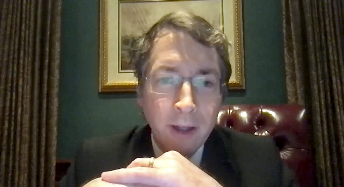 Screen capture of Richard Lowry, editor of National Review and a conservative pundit, speaking at virtual Ath.