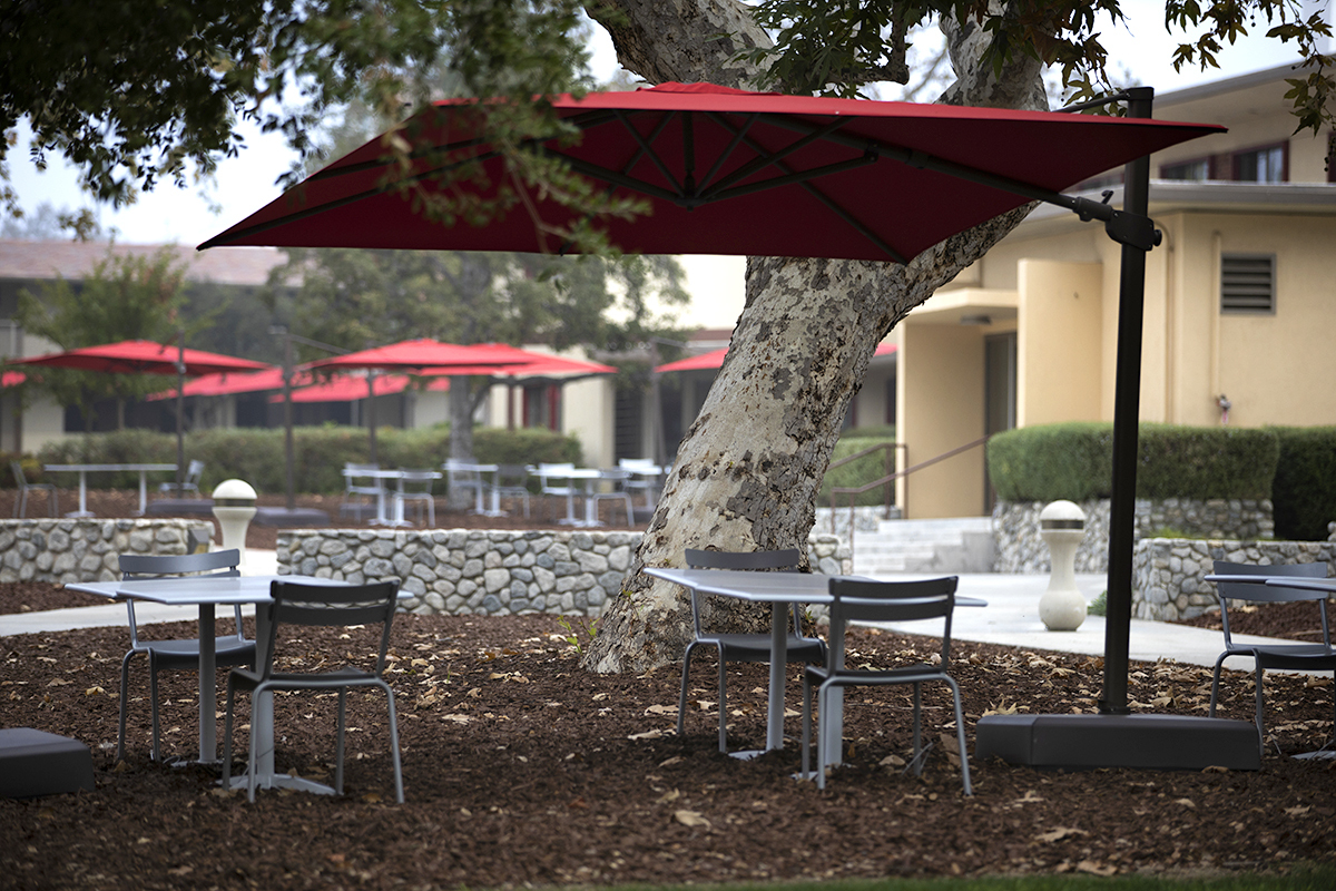 A view of outdoor seating on campus