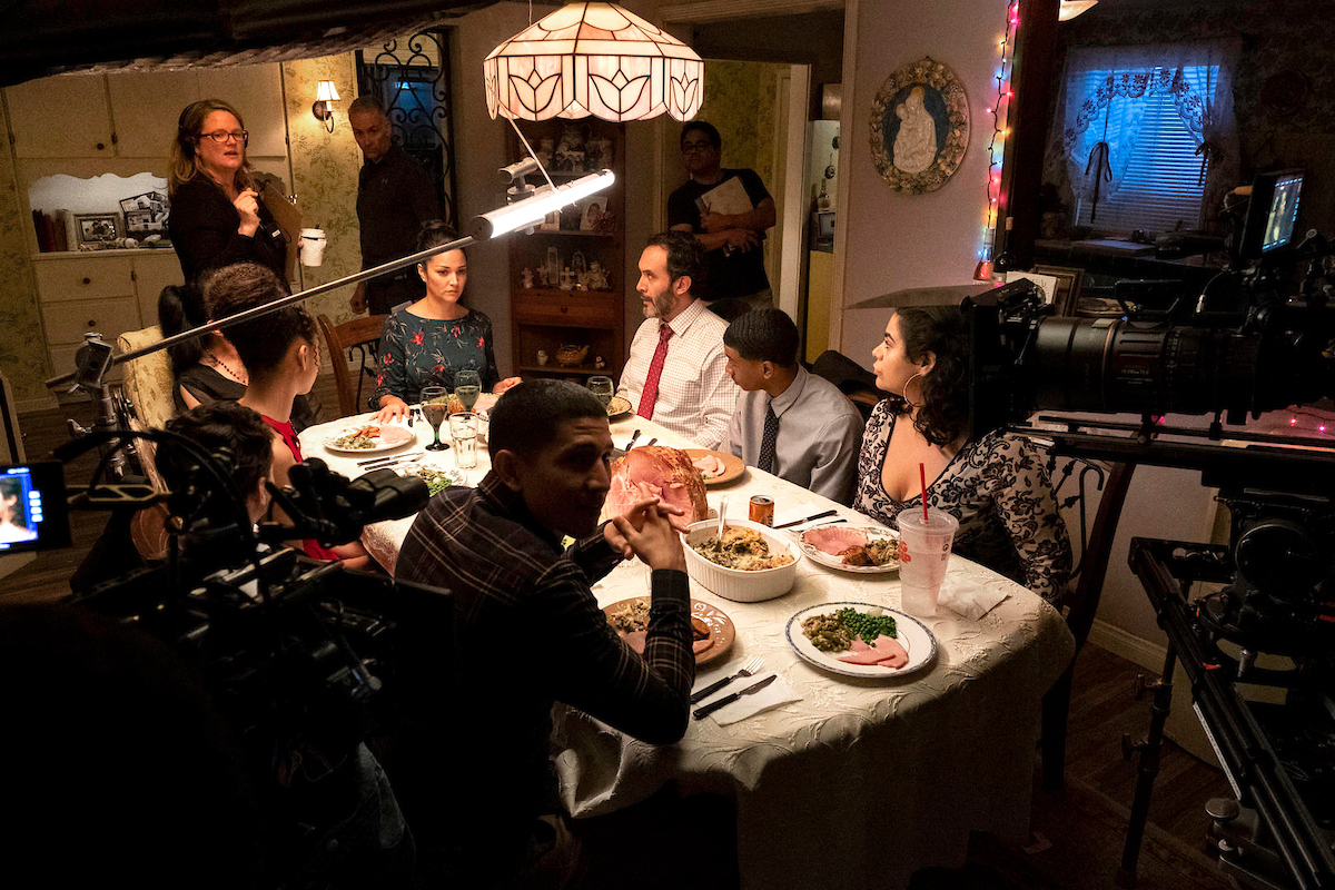 Lauren Iungerich ’96 directs a scene on the set of her hit Netflix show, <em>On My Block</em>.