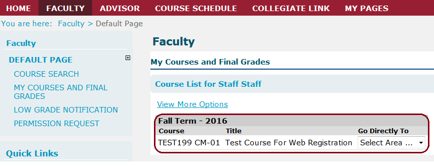 Interface where faculty can select one of their courses (screenshot)