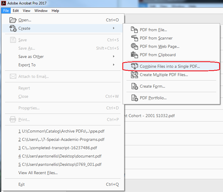 Screenshot - choosing the "Combine Files into PDF" option