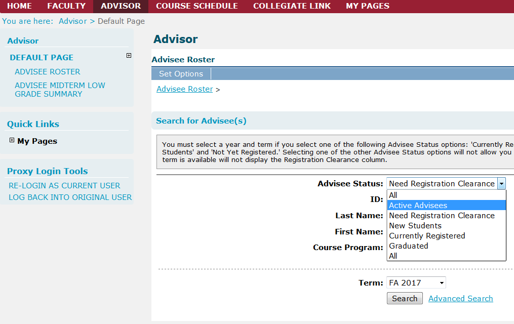 Selecting your advisees on the portal (screenshot)