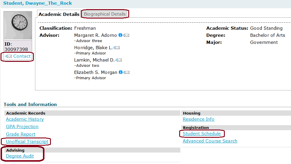 Seeing information about your advisees on the portal (screenshot)