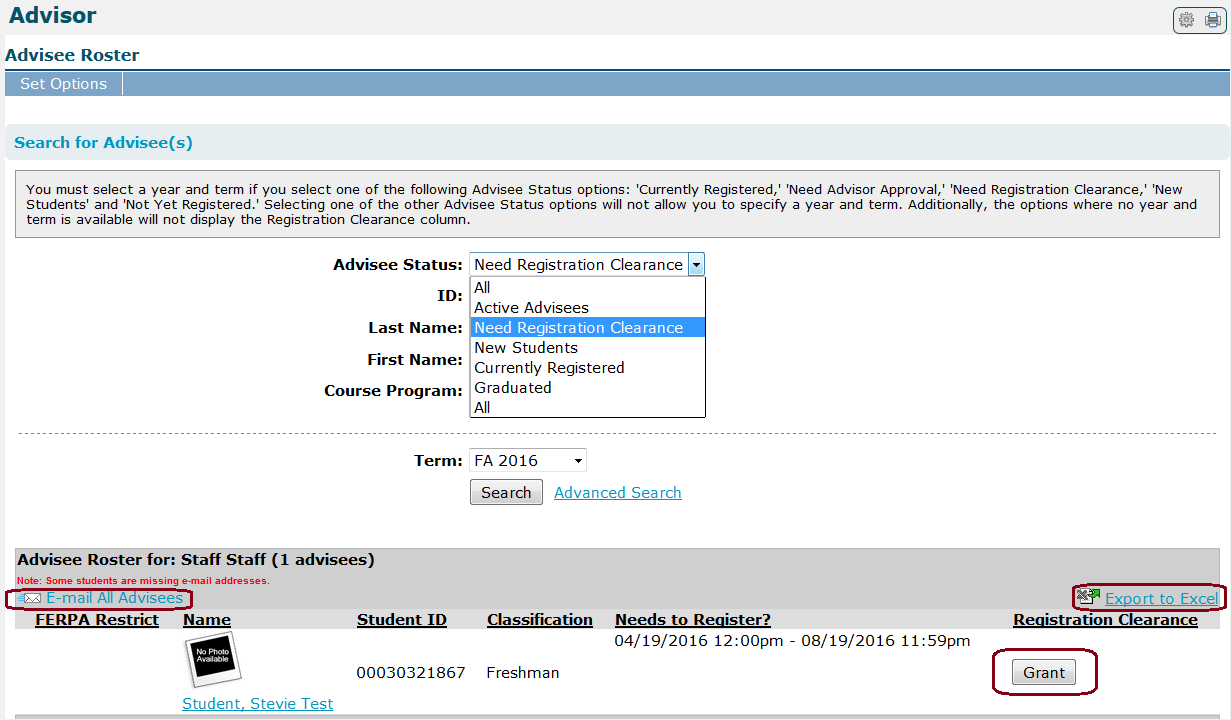 Clearing advisees to register on the portal (screenshot)