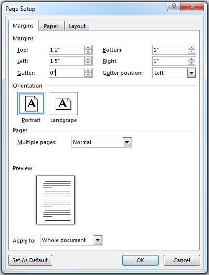 Page Setup dialog box in Microsoft Word