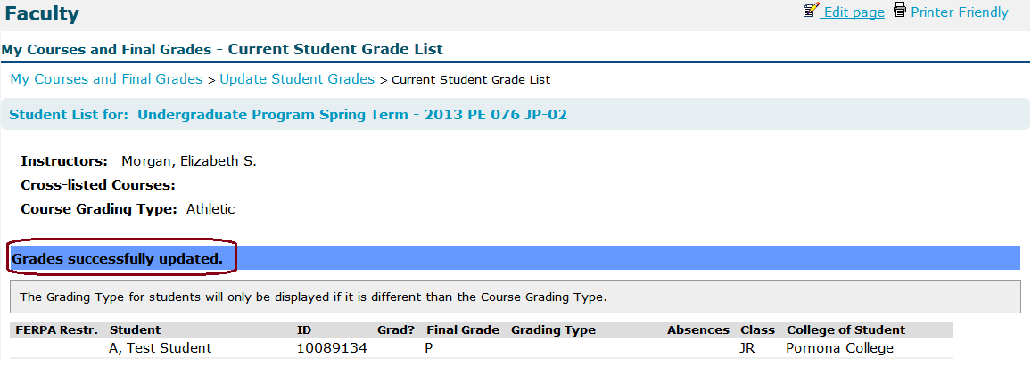 Submission of grades confirmation (screenshot)