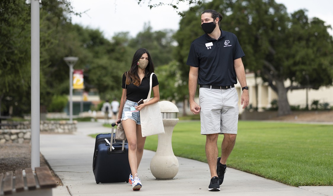 Students walk down a pathway together on move in day
