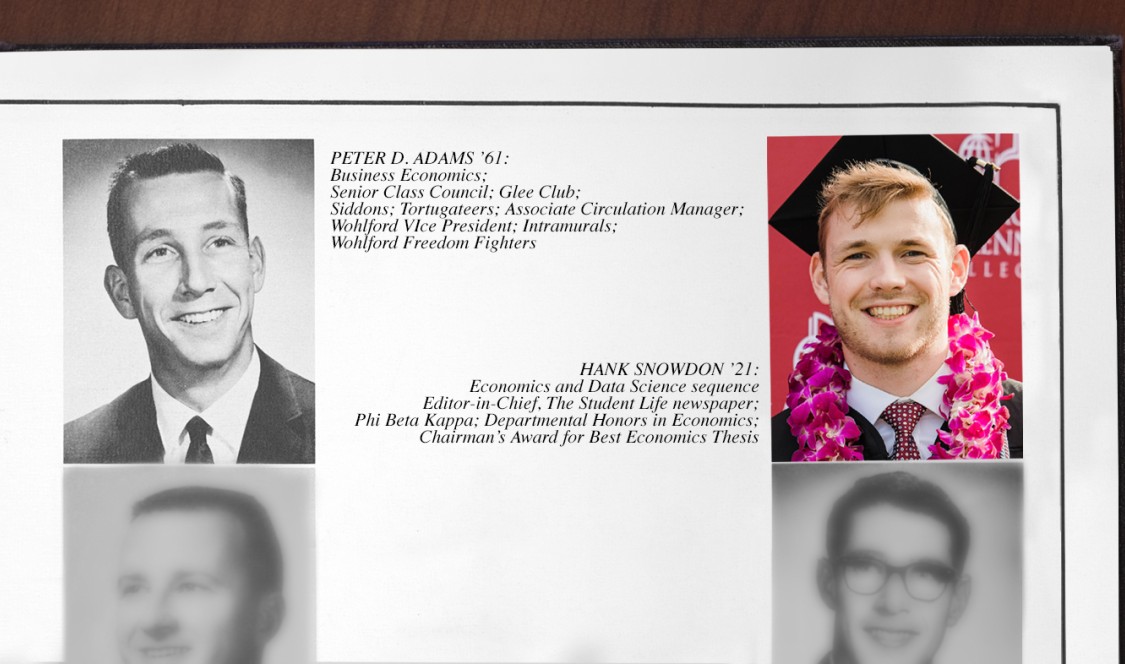 A photo collage of Peter Adams ’61 GP’21 and Hank Snowdon ’21 in the style of yearbook portraits