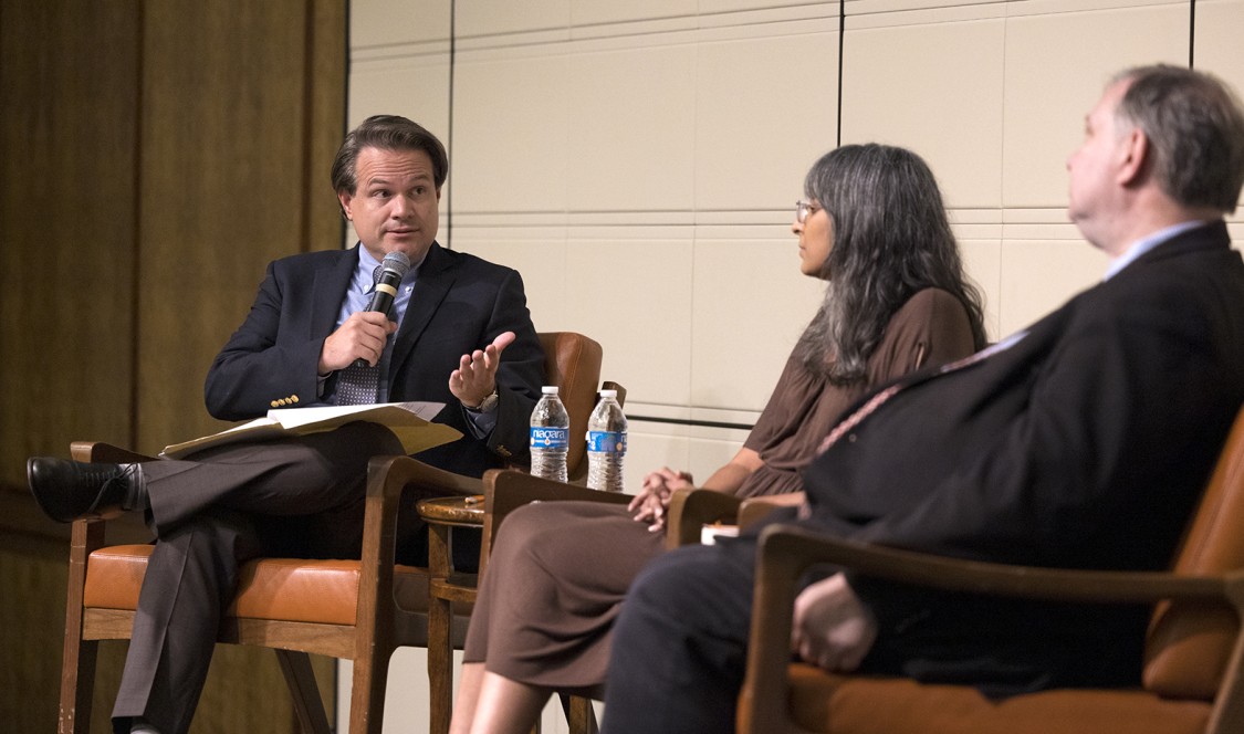 John Fund and Professor Gowri Ramachandran speaking at the Ath.