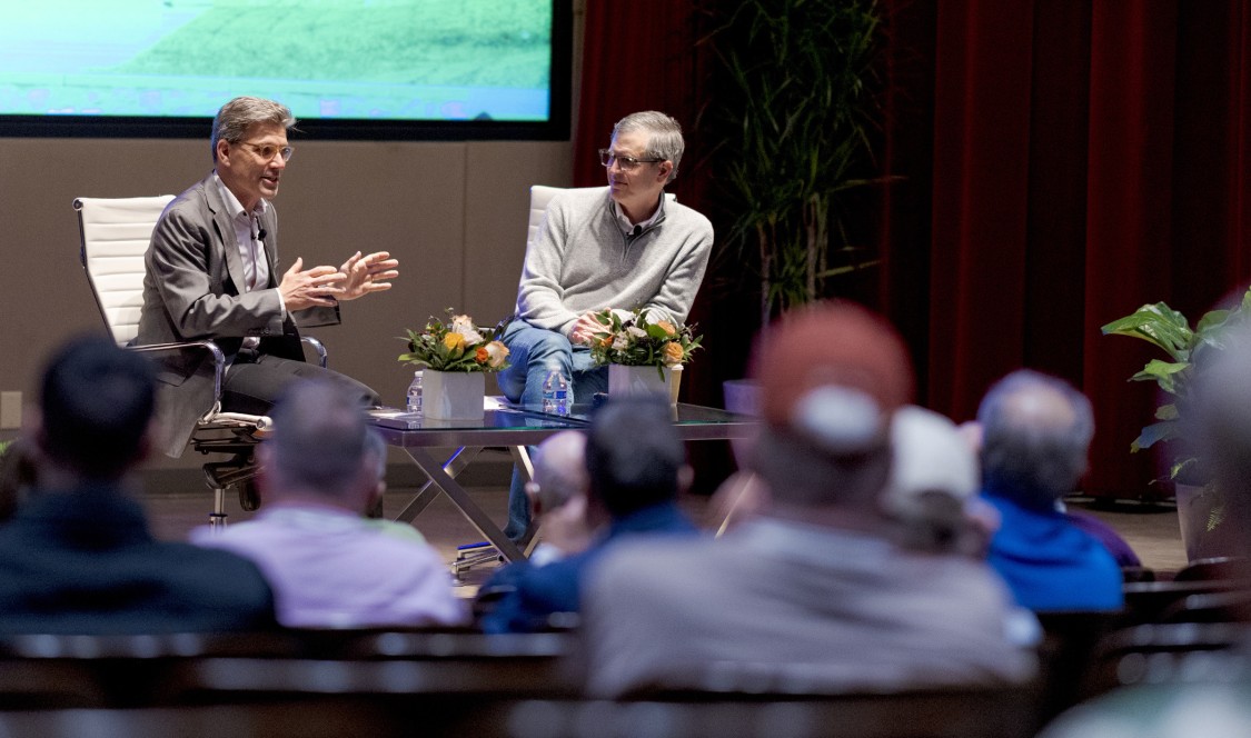 President Hiram Chodosh and David Mgrublian ’82 P’11, Chair of the Board of Trustees at recent Alumni Weekend forum.