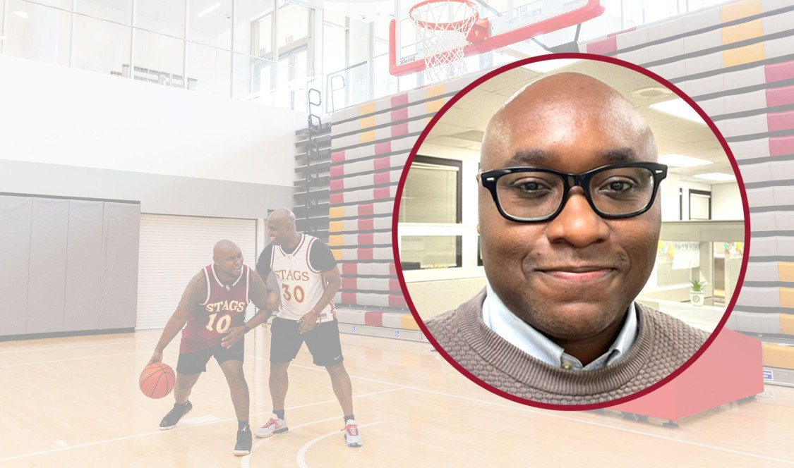 Jerome Blake inset image and backround of two men playing basketball