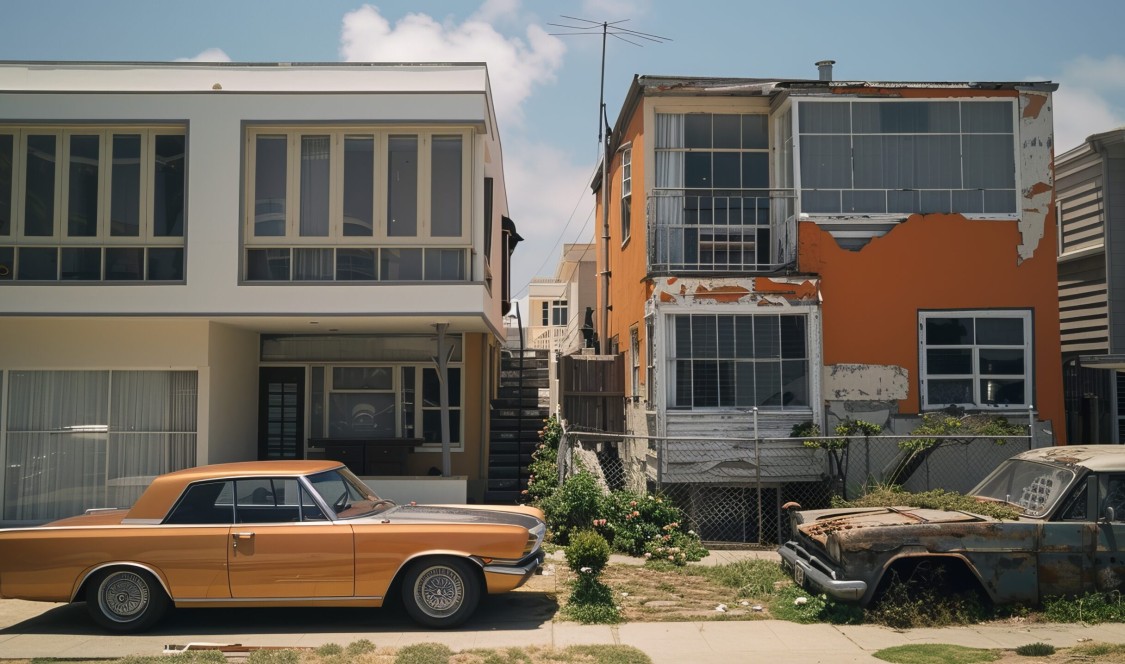 photo depicting rehabilitated home next to home with deferred maintenance