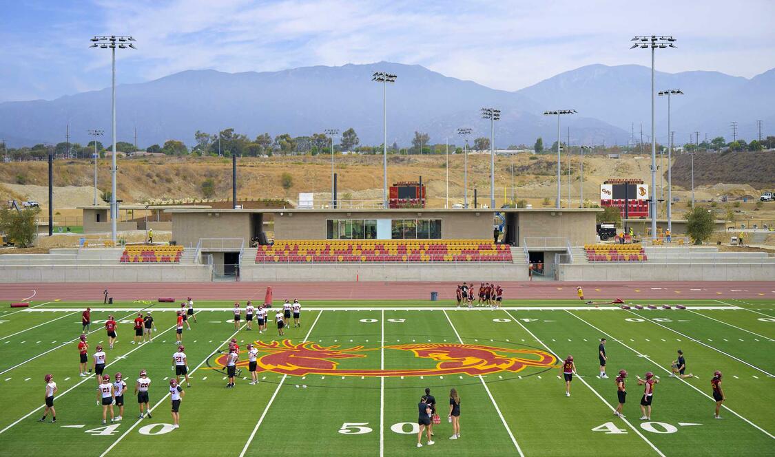 Overview shot of the football field at the Sports Bowl at the Roberts Campus