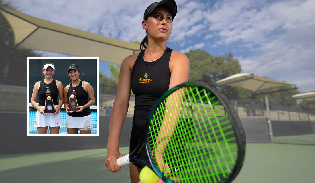Lindsay Eisenman with tennis racket and insert shot with doubles partner