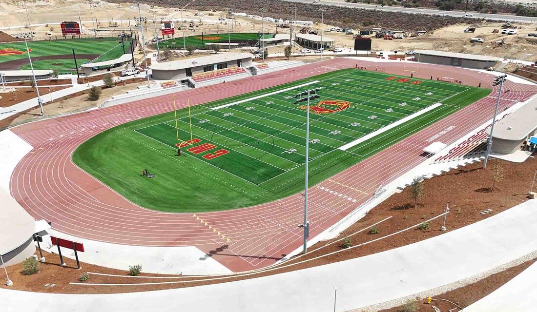 Overview shot of the football field at the Sports Bowl at the Roberts Campus