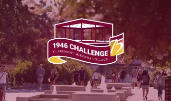 1946 Challenge logo superimposed over red tinted photo of students walking on campus