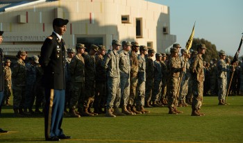 CMC's ROTC on Parents Field, in front of Roberts Pavilion.