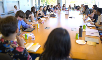 Students working around table