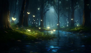 photo depicts a forest scene at night with a gentle stream and fireflies illuminating about