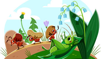 ants carrying peanuts and food while grasshopper reclines on a green leaf