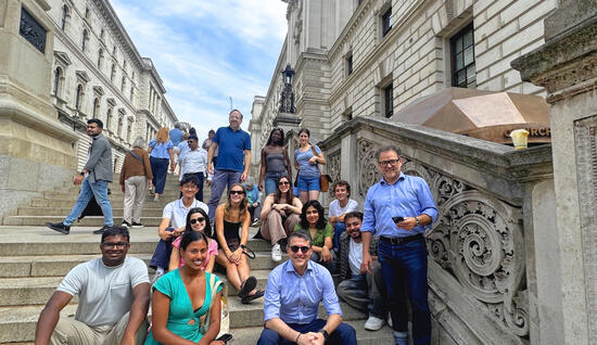 Group of students and faculty outside the Churchill war room.