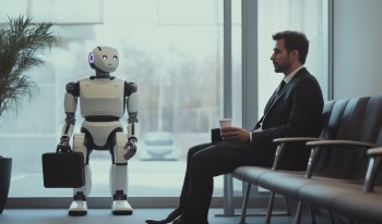 robot with briefcase stands in waiting area with man in suit holding coffee