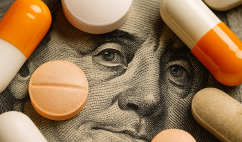 photo of US note with Benjamin Franklin surrounded by orange and white pills