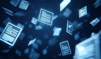 illuminated, digitized papers floating on dark background