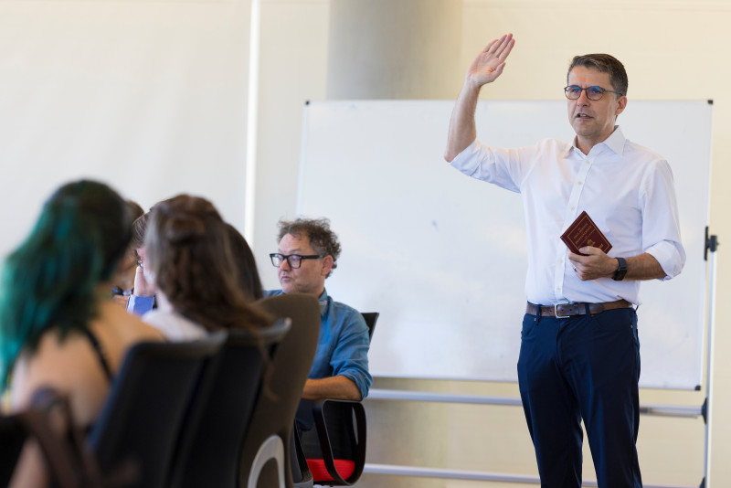 The Open Academy Director, Professor Evrigenis, lecturing at a Saturday Salon.