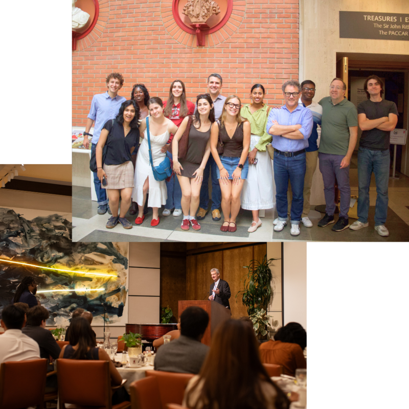Students standing outside of British Library and students sitting at round table networking.
