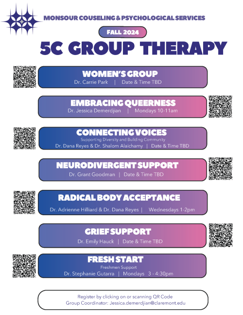 Flyer from MCAPS that lists information about support groups for Fall 2024.