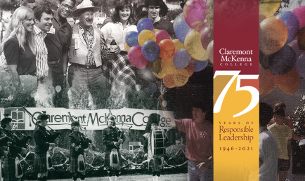 A photo collage commemorating CMC's 75th Anniversary. Pictured: student life through the decades, a "75th" graphic banner, colored balloons, and bagpipe players.