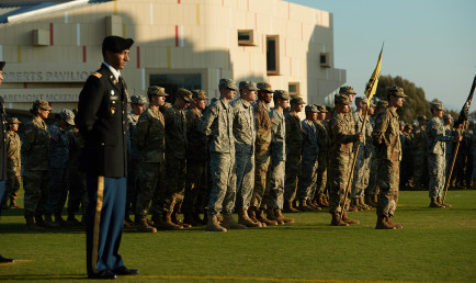 CMC's ROTC on Parents Field, in front of Roberts Pavilion.