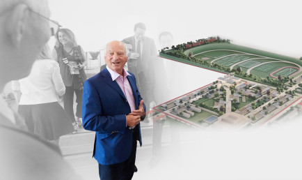 Photo composite of Alumnus and Trustee George R. Roberts ’66 P’93 (center) with render of Roberts Campus (right) and black and white historic photos of students, faculty, and past presidents (left).